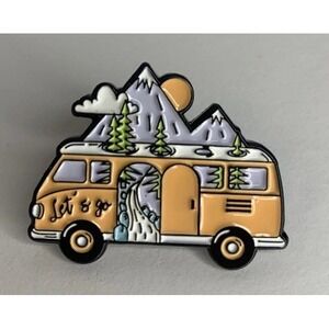 Camper Van Camping Mountains Trees Enamel Pin Brooch Button "Let's Go"